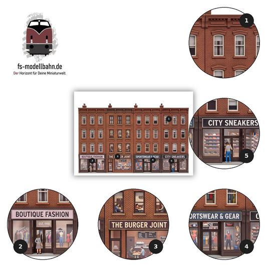 Modellbahnhintergrund Brownstones 4-geschossig Boutique Fashion, The Burger joint, Sportswear & Gear, City Sneakers Maßstab H0 1:87 zum download