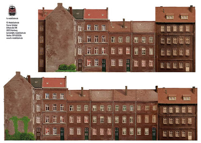 Model railway background with backyard buildings of various roof heights in N gauge in 1 to 160 in 104 cm width