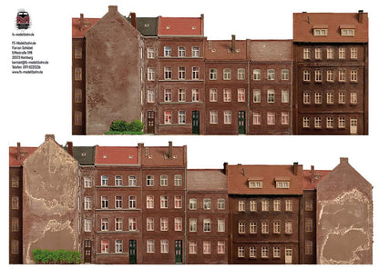 Model railway background with backyard buildings of various roof heights in N gauge in 1 to 160 in 104 cm width