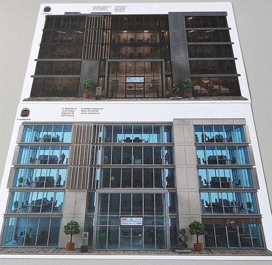 Modellbahnhintergrund 2er Set moderne Bürogebäude mit getönten Glasfassaden für Stadt Spur H0 1zu87