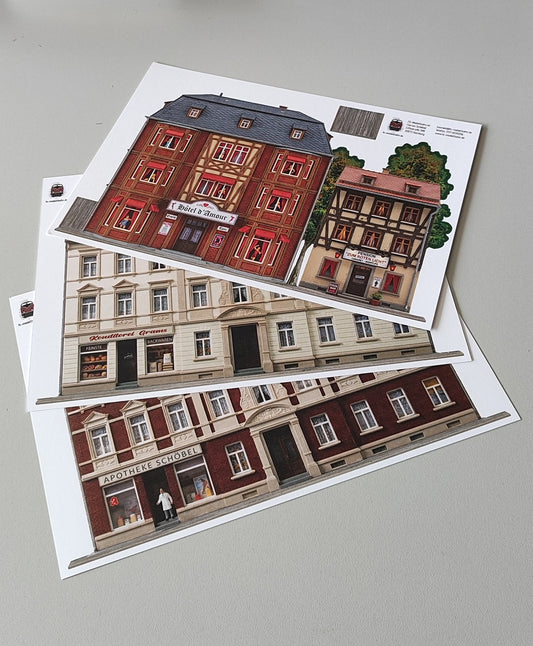 Modellbahnhintergrund 3er Set Rotlichtviertel und Gründerzeit Mehrfamilienhäuser Spur H0 1zu87