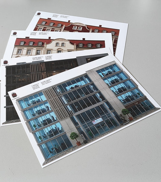 Modellbahnhintergrund 4er Set moderne Bürogebäude und Gründerzeit Mehrfamilienhäuser Spur H0 1zu87