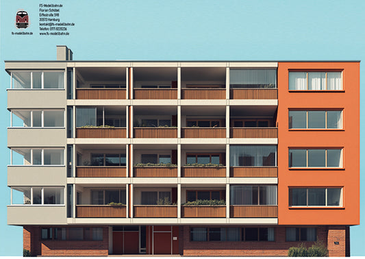 Model railway background 60s 3 apartment buildings as a set for gauge H0 1:87