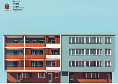 Model railway background 60s 3 apartment buildings as a set for gauge H0 1:87