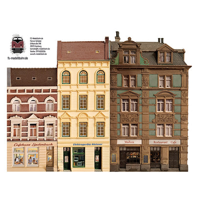 Model railway background 60s 3 apartment buildings as a set for gauge H0 1:87