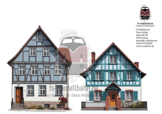 Modellbahnhintergrund zwei Fachwerkhäuser in blau auf dem Land Spur H0 1zu87 zum Download