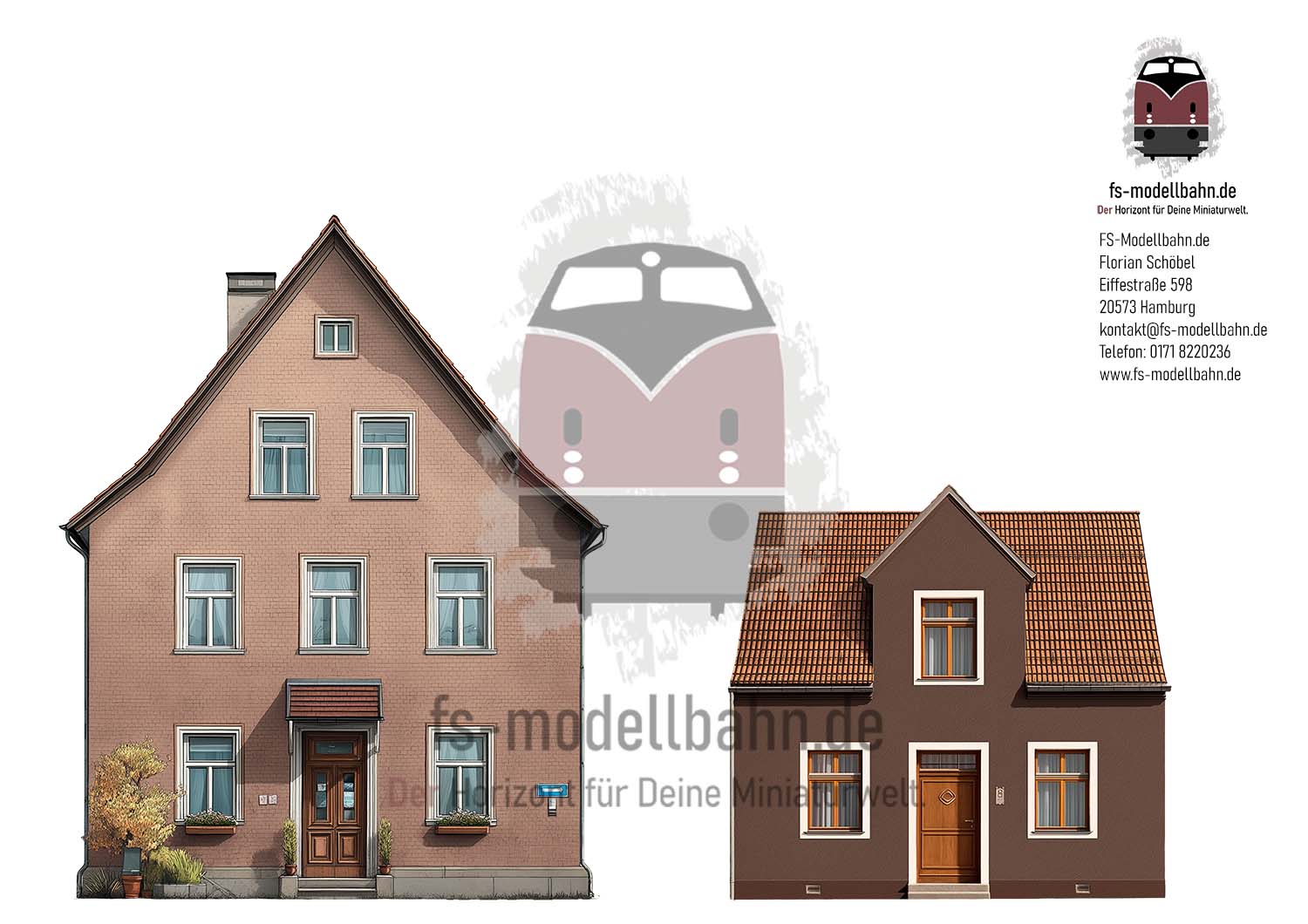 Model railway background two brown houses in the countryside H0 scale ...