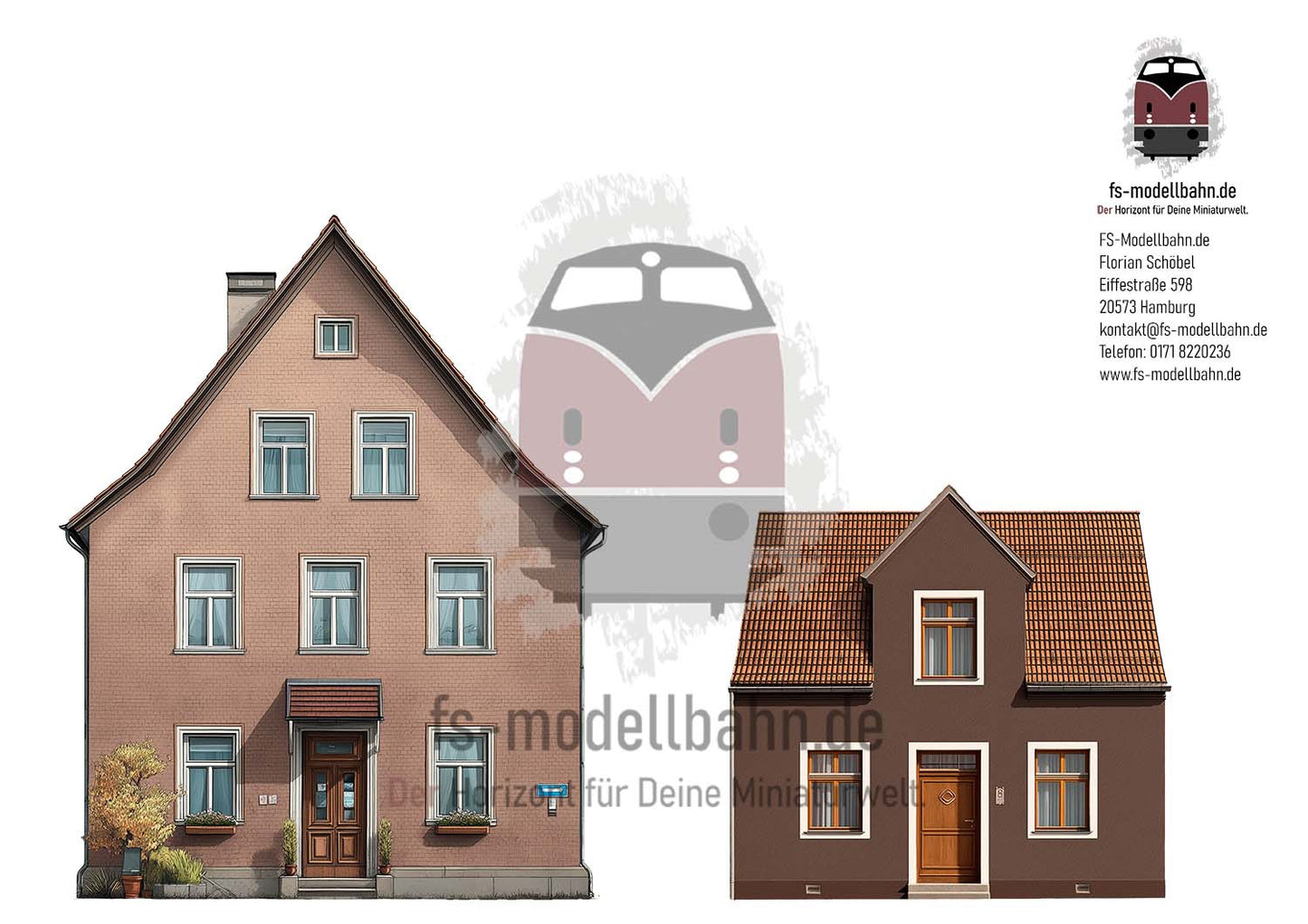 Modellbahnhintergrund zwei braune Häuser auf dem Land Spur H0 1zu87 zum Download