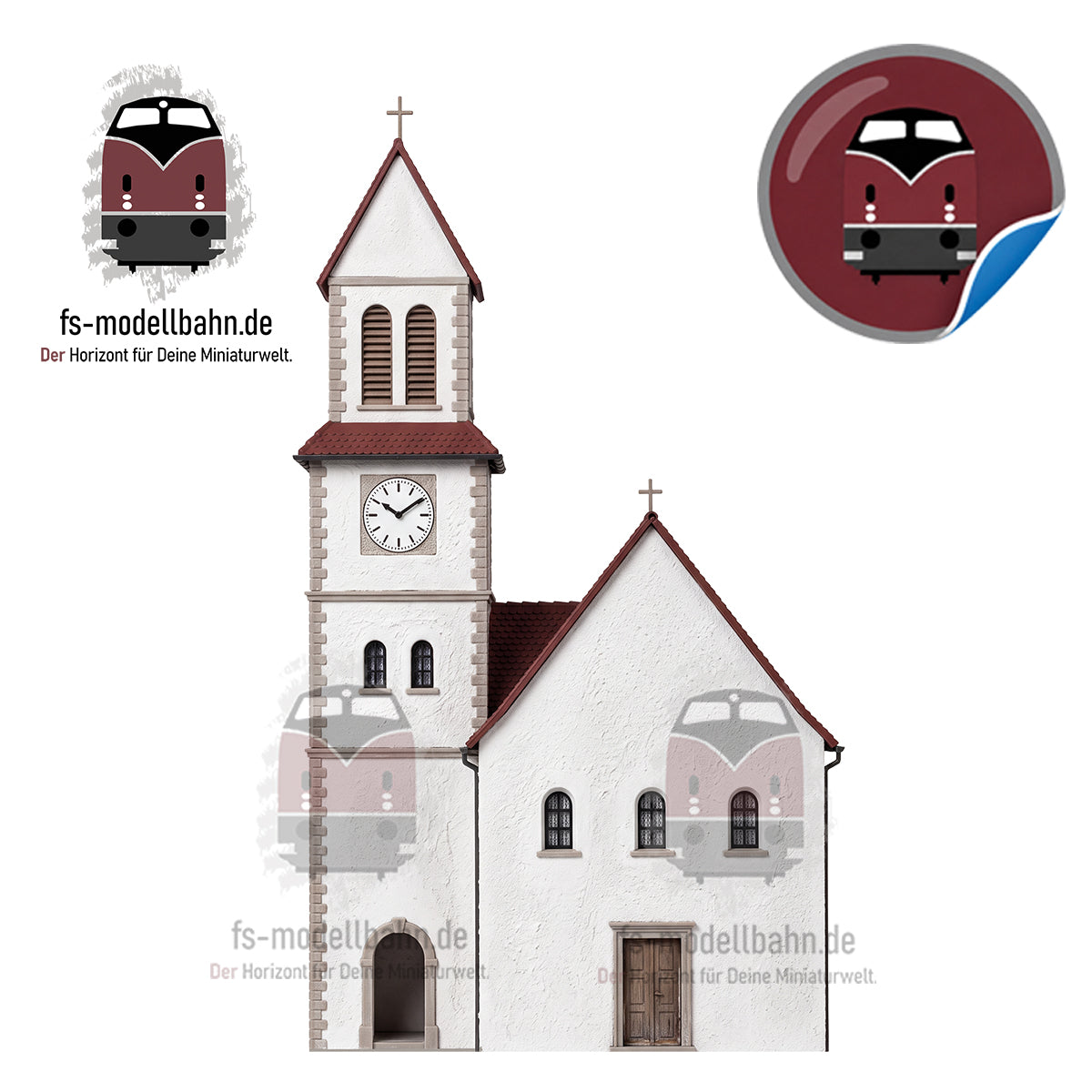 Modellbahnhintergrund Fassadenfront kleine Kirche mit weißem Putz Aufkleber Spur H0 1zu87 | KM00000137
