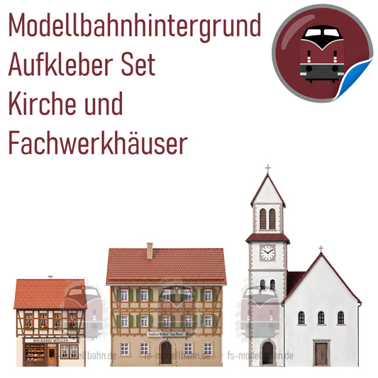 Modellbahnhintergrund 2er Set Aufkleber Fachwerk und Kirche Spur H0 1zu87 | KM00000142