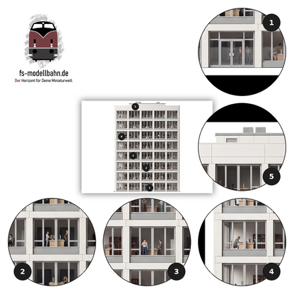 Modellbahnhintergrund Aufkleber breites Hochhaus mit 8 Geschossen Spur H0 1zu87