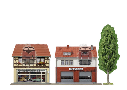 Model Railway Backdrop Car Dealership and Workshop H0 Gauge incl. Tree H0 Gauge 1:87