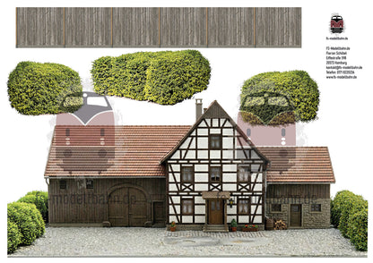 Model Railway Backdrop Farm, aged, with half-timbering H0, with bushes and plank fence for connecting to other modules, scale H0 1:87