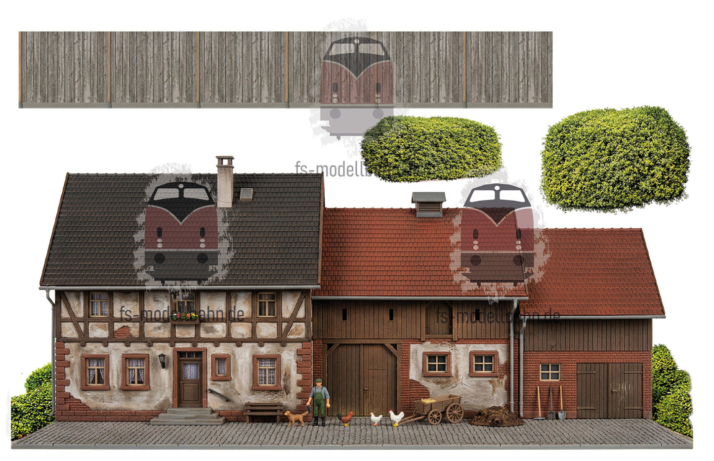 Modellbahnhintergrund Bauernhof mit Hühnern und Bauern H0 mit Büschen und Bretterzaun zum Verbinden mit anderen Modulen Spur H0 1zu87