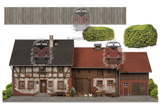 Model Railway Background Farm with Chickens and Farmers H0 with Bushes and Wooden Fence for Connecting with Other Modules Scale H0 1:87