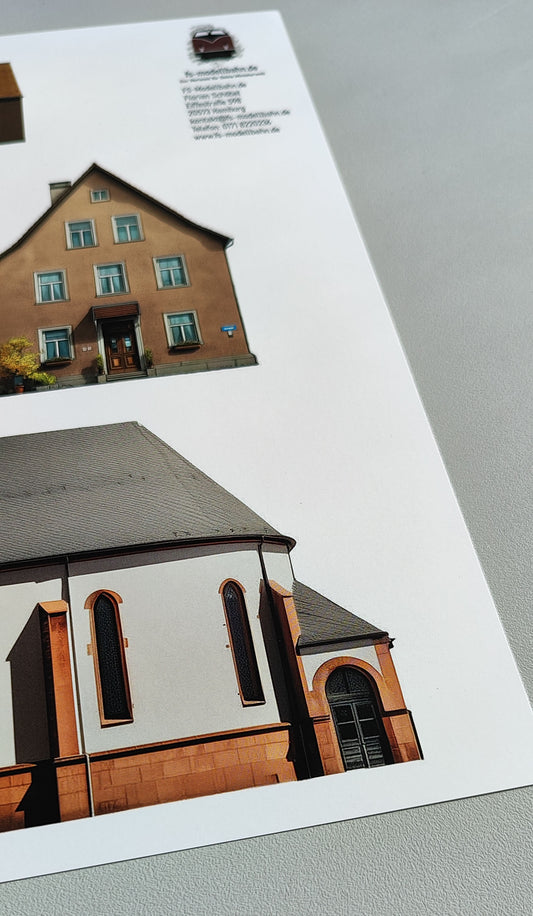Modellbahnhintergrund in Spur N in 1 zu 160 Dorf mit Kirche und zwei Häusern