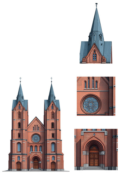 Model railway backdrop: Gothic Cathedral, 40 cm high, 25 cm wide, TT scale (1:120), available for download.