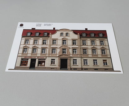Modellbahnhintergrund Gründerzeit Mehrfamilienhaus mit Putzfassade und Konditorei Spur H0 1zu87