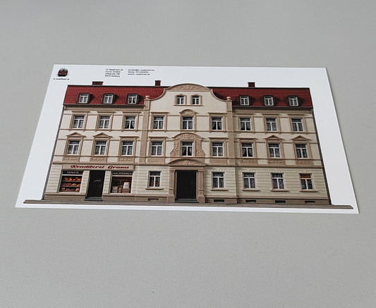 Model Railway Backdrop Gründerzeit Apartment Building with Rendered Facade and Confectionery H0 Scale 1:87