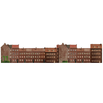 Model railway background with backyard buildings of various roof heights in N gauge in 1 to 160 in 104 cm width