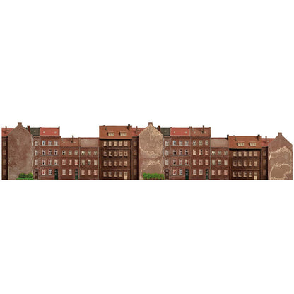 Model railway background with backyard buildings of various roof heights in N gauge in 1 to 160 in 104 cm width