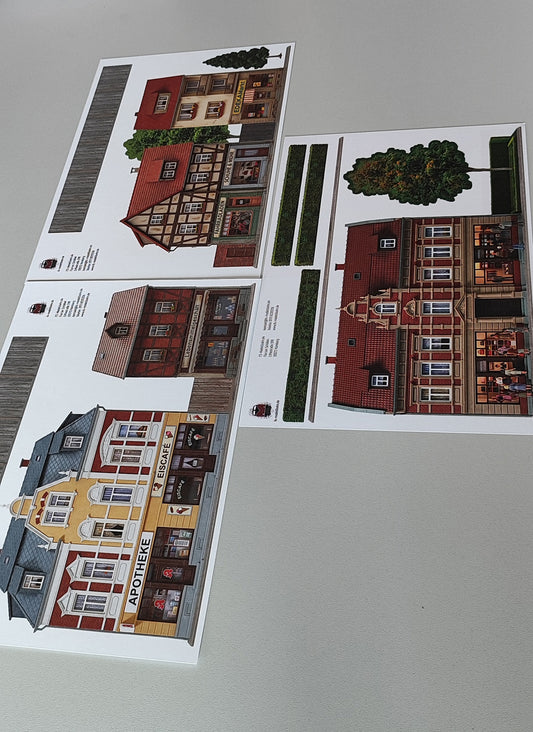 Modellbahnhintergrund 3er Set Kleinstadtgebäude mit Einzelhandel  Spur H0 1zu87