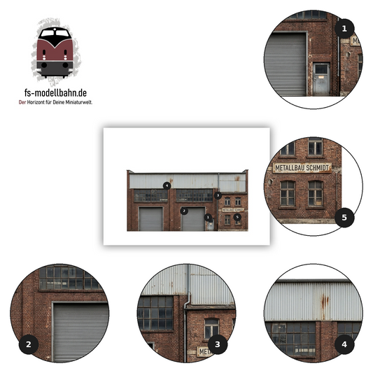 Modellbahnhintergrund altes Gewerbegebäude Metallbau Schmidt Spur H0 1zu87 zum Download