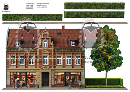Modellbahnhintergrund Modegeschäft in zweigeschossigem Gründerzeitbau mit kleinem Park 1zu87 H0 1zu87