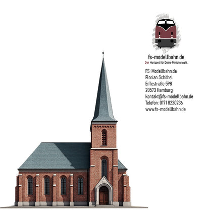 Modellbahnhintergrund Norddeutsche Kleinstadtkirche 21,8 cm hoch 16,6 cm breit Spur H0 1zu87 zum Download