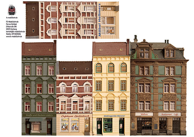Modellbahnhintergrund Set Gründerzeitaltbauten 62cm Breite mit Ladengeschäften zum Kombinieren Spur TT in 1 zu 120 | FS-Modellbahn