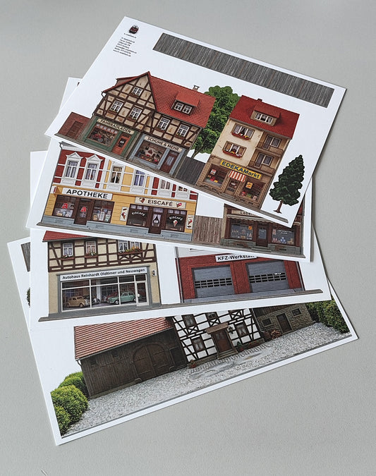 Modellbahnhintergrund 4er Set Fachwerkbauernhof und ländlicher Einzelhandel Spur H0 1zu87
