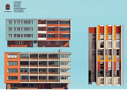 Model railway background 60s 3 apartment buildings as a set for gauge H0 1:87