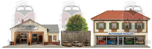 Model Railway Backdrop Car Dealership Müller with Workshop H0 Gauge incl. Scrap Yard with Wooden Fence and Tree H0 Gauge 1:87