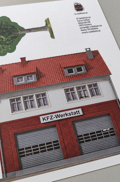 Model Railway Backdrop Car Dealership and Workshop H0 Gauge incl. Tree H0 Gauge 1:87
