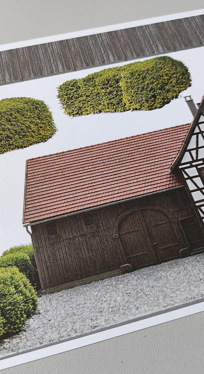 Model Railway Backdrop Farm, aged, with half-timbering H0, with bushes and plank fence for connecting to other modules, scale H0 1:87