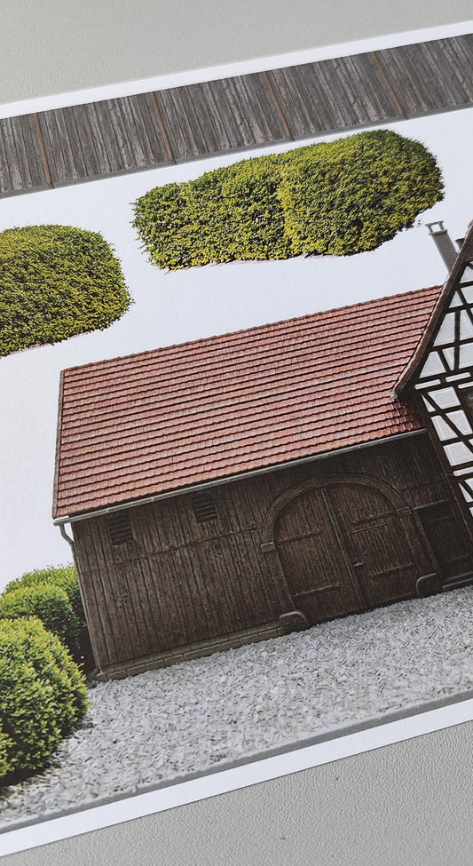 Model Railway Backdrop Farm, aged, with half-timbering H0, with bushes and plank fence for connecting to other modules, scale H0 1:87