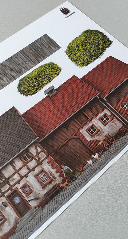 Model railroad backdrop Farm with chickens and farmers H0 with bushes and wooden fence for connecting to other modules H0 gauge 1:87