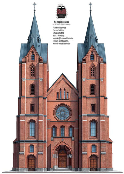 Model railway backdrop: Gothic Cathedral, 40 cm high, 25 cm wide, TT scale (1:120), available for download.