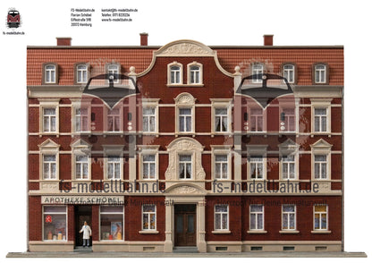 Modellbahnhintergrund Gründerzeit Mehrfamilienhaus mit Ziegelfassade und Stuckornamenten Spur H0 1zu87