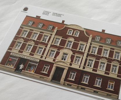 Modellbahnhintergrund Gründerzeit Mehrfamilienhaus mit Ziegelfassade und Stuckornamenten Spur H0 1zu87
