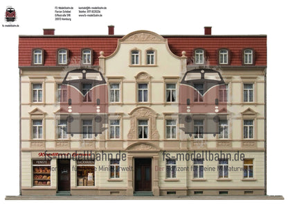 Modellbahnhintergrund Gründerzeit Mehrfamilienhaus mit Putzfassade und Konditorei Spur H0 1zu87