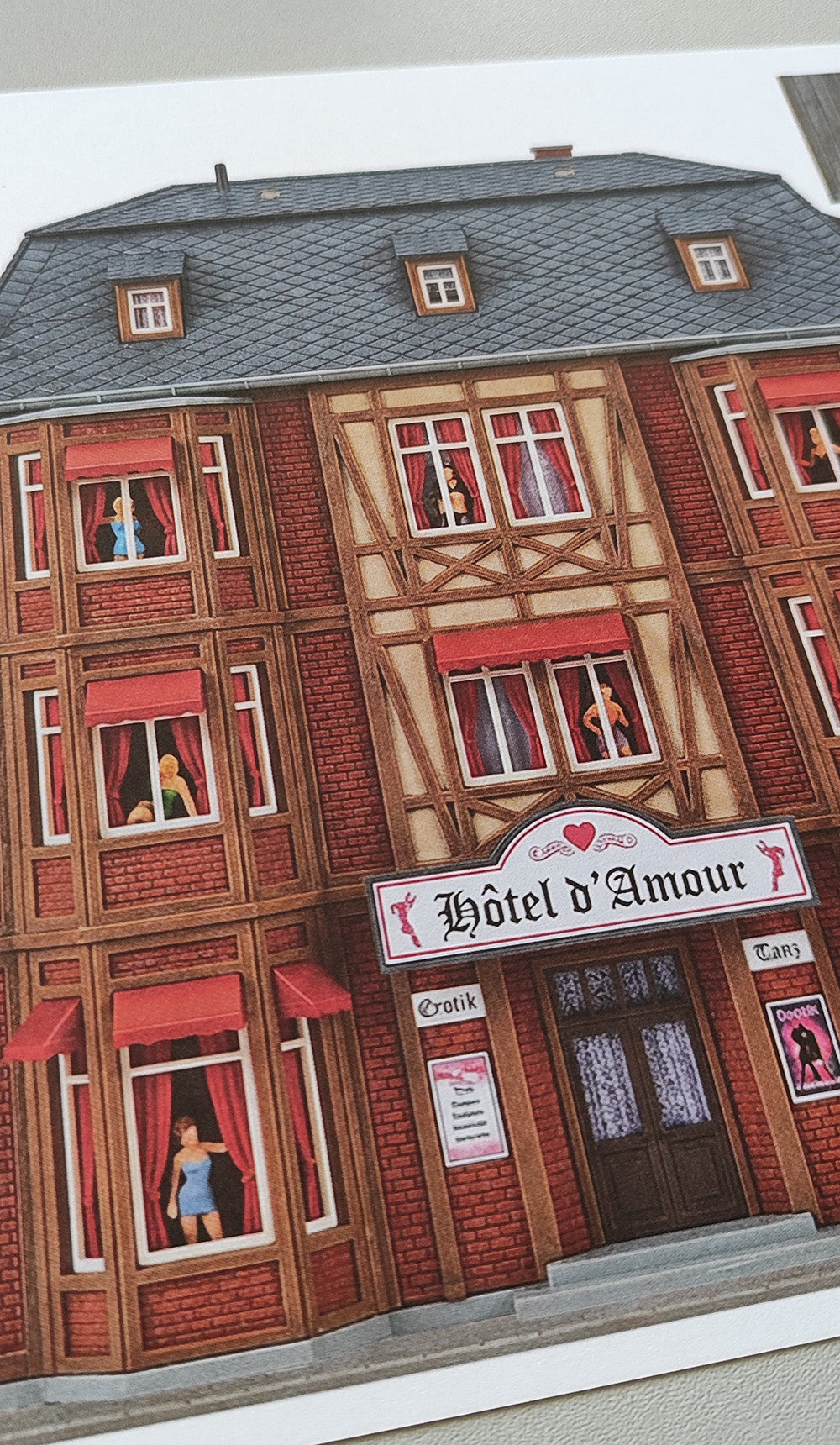 Model railway background old buildings facade fronts red-light district H0 gauge 1to87