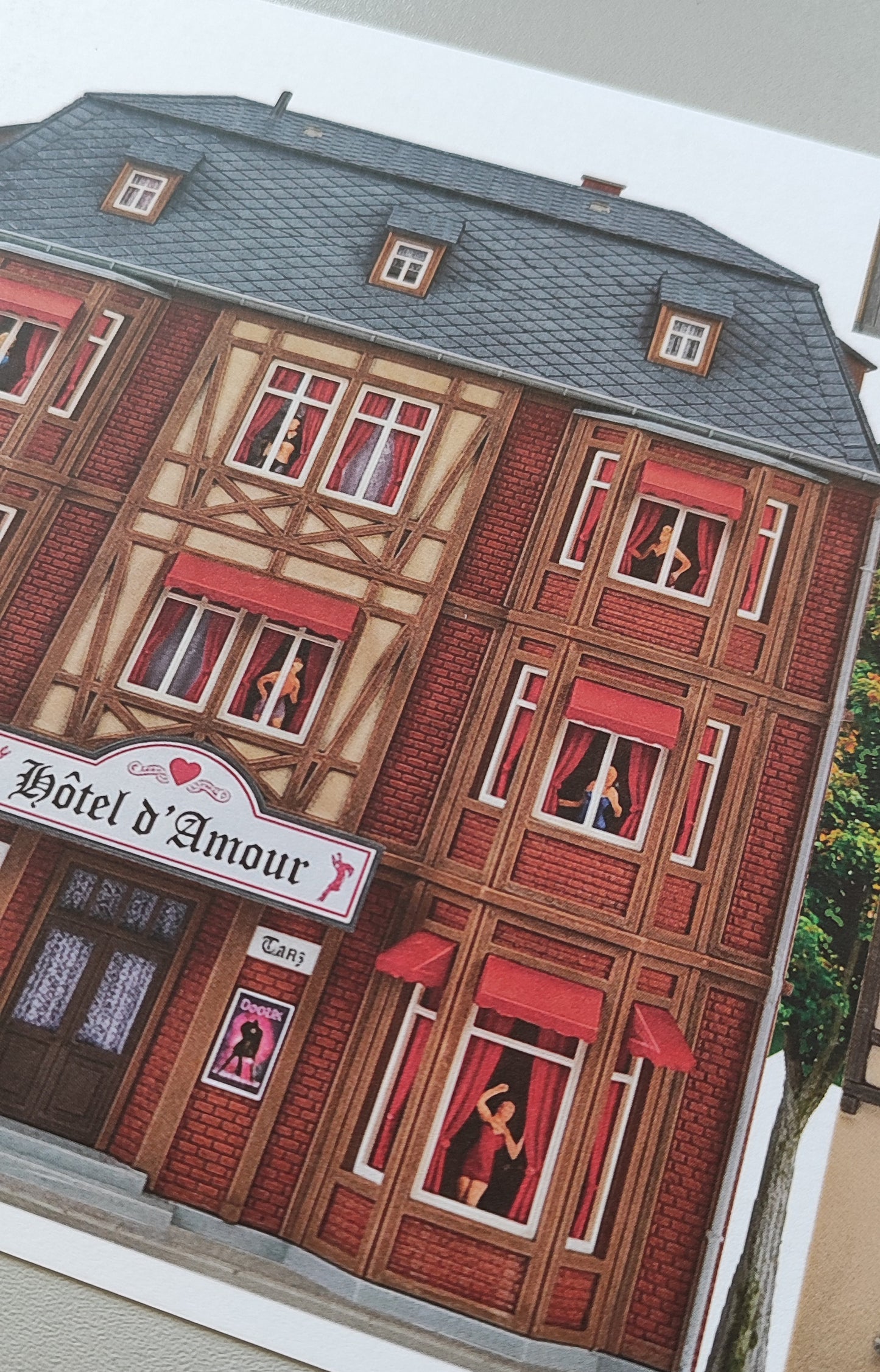 Model railway background old buildings facade fronts red-light district H0 gauge 1to87