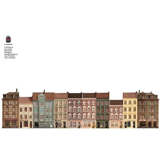 Modellbahnhintergrund Set Gründerzeitaltbauten 62cm Breite mit Ladengeschäften zum Kombinieren Spur TT in 1 zu 120 | FS-Modellbahn