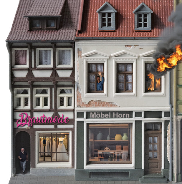 Modellbahnhintergrund Actionkulissen Gebäudebrand im Set für Spur H0 1zu87