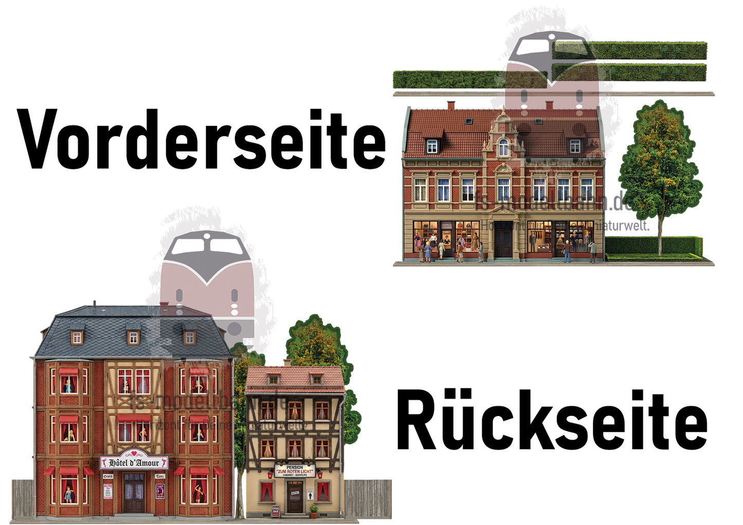 Model railway background old buildings facade fronts red-light district H0 gauge 1to87