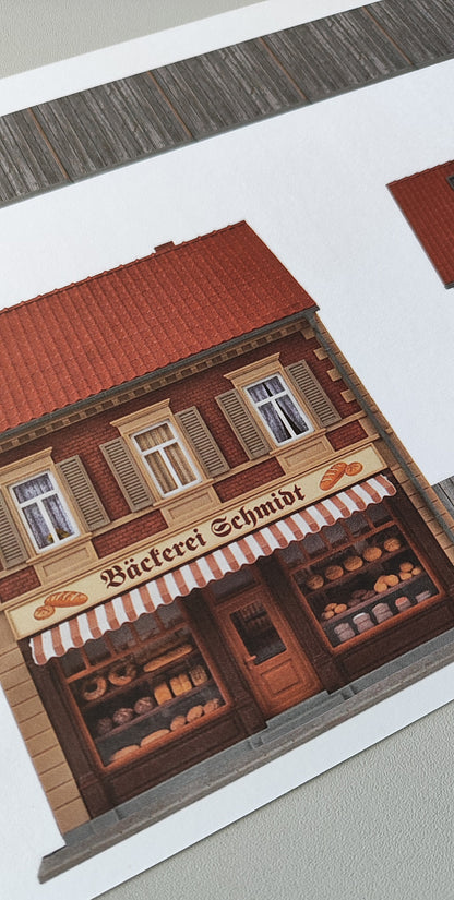 Modellbahnhintergrund zweigeschossige Fassaden mit Bäckerei Schmidt und Fleischerei mit Bretterzaun Spur H0 1zu87
