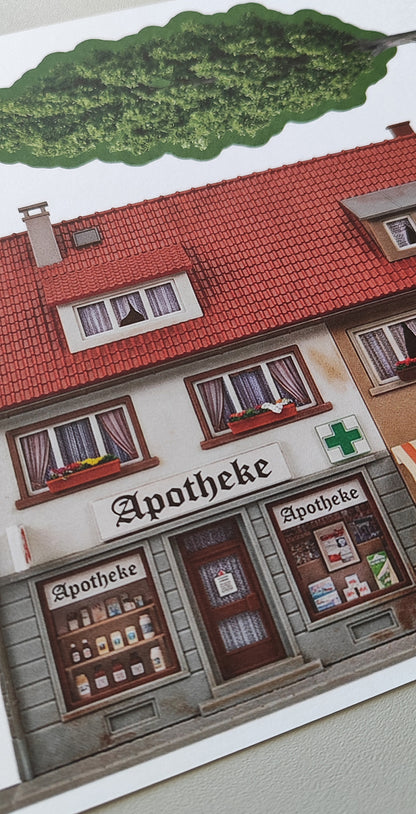 Modellbahnhintergrund zweigeschossige Gebäude Apotheke und Eiscafe Milano und Lebensmittelgeschäft und Baum H0 1zu87