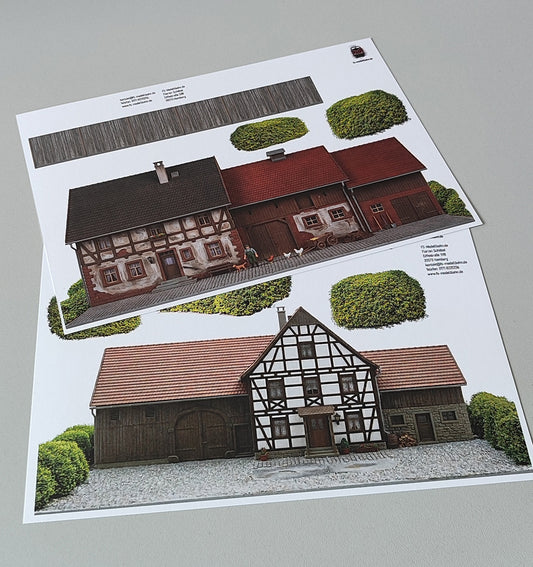 Modellbahnhintergrund 2er Set Bauernhöfe für ländliche Szenen Spur H0 1zu87