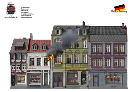 Modellbahnhintergrund Actionkulisse Gebäudebrand Motiv 2 für Spur H0 1zu87